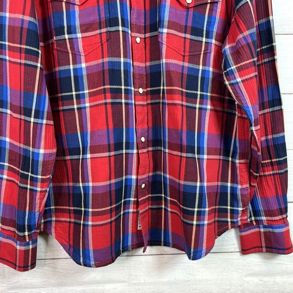 Lucky Brand Mens Medium Red Plaid Pearl Snap Button Front Western Shirt Size XL - Picture 4 of 13